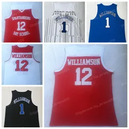 Spartanburg Day School # 12 Zion Williamson Koszykówka Jersey 1 # Kolegium Koszulki Zszyty Biały Niebieski Czarny Najwyższej Jakości