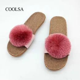 COOLSA 女性の新しい夏のキャンディポンポン亜麻スリッパ女性毛皮のような通気性屋内リネンスリッパファッションホームスライド卸売 Y0731