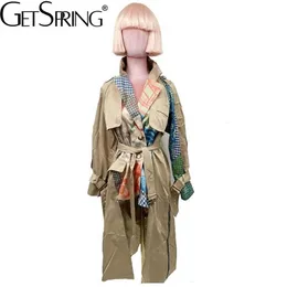 GetSpring Women Trench Coat Asymmetry Hem Long Print Sleeve Single Breasted Windbreaker Woman Tops Autumn Winter 210820