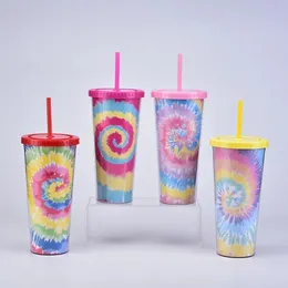 24 oz Tie-dye Tumbler With Lid And Reusable Straw Colorful Double Wall Insulated Travel Mug Cup