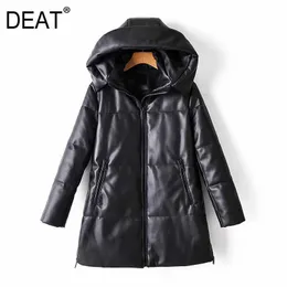 [DEAT] Loose Fit Leather Brief Warm Woolen Coat Parkas Hooded Long Sleeve Women Fashion Tide Autumn Winter 13U081 210930