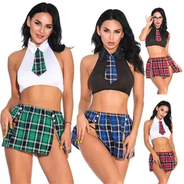 3 Piece Lingerie Set Sexy Schoolgirl Costume Cosplay Role Play Lingerie Woman Plaid Sex Uniform Transparent Mesh Underwear 211208