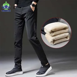 Jeywood Winter Men's Warm Casual Pants Business Fashion Slim Fit Stretch Thicken Gray Blue Black Cotton Trousers Male 211112