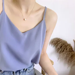 Sıradan v yaka seksi katı saten bluz kadın camis tank üstleri render şifon kolsuz kamisosol üst yular blusa 210604