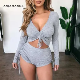 ANJAMANOR Sexy Knitted Sweat Suits Two Piece Set Deep V Long Sleeve Crop Top and Shorts Matching Sets Women Tracksuits D34-BG25 Y0702