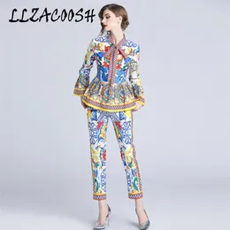 Pantaloni della sfilata di moda Completi da donna Camicette stampate con maniche svasate e colletto con fiocco e set casual in due pezzi 211105