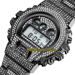 Missfox Eternity V304 Hip Hop Męskie Zegarki Wielofunkcyjne CZ Diamond Inlay Dial Dial Ruch Elektroniczny Mężczyźni Zegarek Iced Out Diamonds Alloy Case Czarna Bransoletka