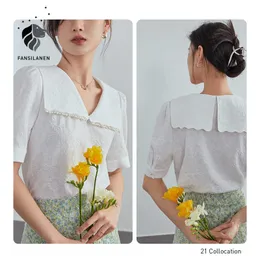 FANSILANEN Office Lady French Doll Collar White Black Shirt Summer Short Sleeve Puff Top Women Blouses 210607