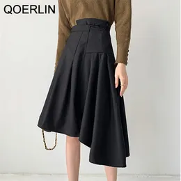 Girly A-Line oregelbunden hög midja kjolar Kvinnor Zipper Fly Black Pleated Skirt Street Elegant Koreansk design 210601