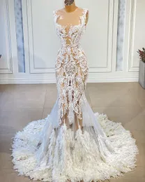 Sexig ren nacke sjöjungfru bröllopsklänningar 2021 lyxiga spetsar applikation brudklänningar med fjädrar vestido de fiesta2999
