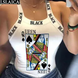 Crop Top White Letter Poker Drukuj Backless Criss-Cross Sexy Streetwear Moda Wieczór Party Night Club Ladies Tank S 210515