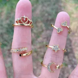 10st Högkvalitativ guldfärg Star Moon Crown Ringar för Kvinna Kristall Zircon Ring 2021 Kvinna Bohemian Smycken Gåvor