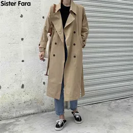 Sister Fara Spring Elegant Single Breasted Trench Women Loose Overcoat Turn-down Collar Casual Long Windbreaker Female 210914