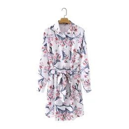 Wiosna Kobiety Elegancki Kwiatowy Print Sashes Koszula Sukienka Kobiet Z Długim Rękawem Ubrania Casual Los Loose Vestido D7117 210430