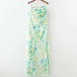 Green Tie Dye Print Summer Sleeveless Split Slip Maxi Dress Fashion Ruched Draped Detail Ankle Length Women Cami 210604