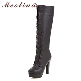 Platform Extreme High Heel Knä-High Boots Kvinnor Skor Rund Toe Spike Heels Long Long Female Black Brown 43 210517