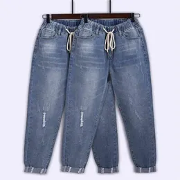 Rippade jeans för kvinnor hög midja plus storlek dragsko lös denim harem byxor femme 5xl 6xl 7xl 130kg 210629