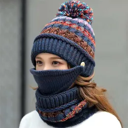 Mütze Winter Damen Maske Sturmhaube für Mädchen Schal Dickes warmes Fleece innen gestrickt Set 3 Stück Winter s 211119