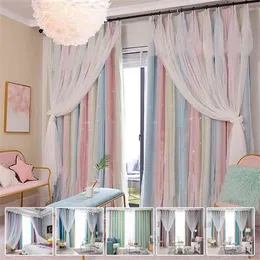 1Pcs European Star-shaped Hollow Blackout Curtain Gradient Rainbow Color Double-layer Gauze Curtain for Living Room Kids Room 210913