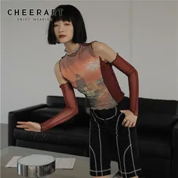 Cheerart Mesh Turtleneck Tshirt Ночная сцена Графические тройники Женщины вне плеча прозрачные верхние красные летние футболки мода 210322