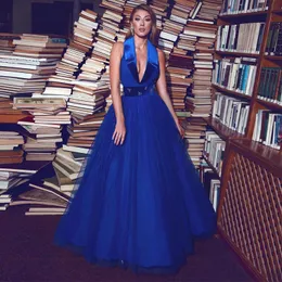 Moda Mavi Bir Çizgi Gelinlik Modelleri Boncuklu Kanat ile Derin V Boyun Pileli Abiye giyim Kat Uzunluk Tül Resmi Elbise