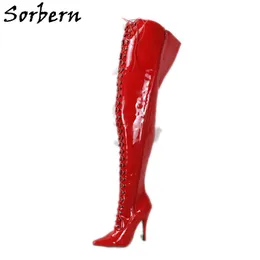 Sorbern Maßgeschneiderte Stiefel mit weitem Bein für Damen, hoher Absatz, harter Schaft, langer Schritt, Oberschenkelstiefel, spitzer Zehenschuh