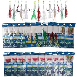 22pcs Fish Skin String Hooks Sabiki Rig Luminous Soft Shrimp Fishing Hook Lure Bait Mix Size Tackle Accessories for Freshwater 211224