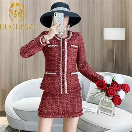 Moda di lusso Autunno Inverno Donna 2 pezzi Set Runway Perla che borda Nappa Spessa giacca di tweed rosso Cappotto + Gonna a tubino 210506