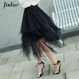 Jielur Höst Mode Chiffon Kvinnors Kjol Mesh Solid Färg Buffande Puffy Kjolar Oregelbunden Sexig Saia Pläterad Svart Jupe Longue 210629