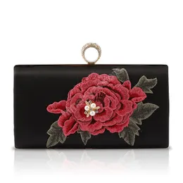 Finger Ring Diamonds Women Evening Bags Satin Flower Printed Flap Black Color Day Clutch Shoulder Handbags