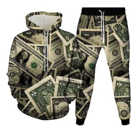 2021 US Dollar Money 3d Print Män Tracksuits Kvinnor Hooded Sportkläder Hoodies + Jogger Byxor 2st Set Spring Höst Mode Kläder G1215