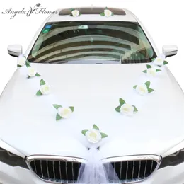 DIY Flower Artificial Flor Branco Carro Nupcial Carro Decoração Porta Punho Fitas De Seda Flor Galand com presentes Tulle Set 210317