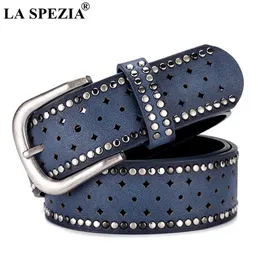 La Spezia Pu Leather Belt Women Rivet Pin Buckle Belts for Trousers Female Navy Designer Brand Hollow Rivet Leather Ladies Belt Q0625