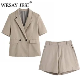 WESAY JESI Sommer Blazer Frauen Mode Elegante Einfache Einfarbig Kurzarm Anzüge Zweireiher Tasche Damen Mäntel 211019