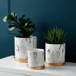 Marbling Appearance Ceramic Flower Pot Succulent Planter Green Plants Pot Cylindrical Shape FlowerPot With Hole Golden Tray 210615