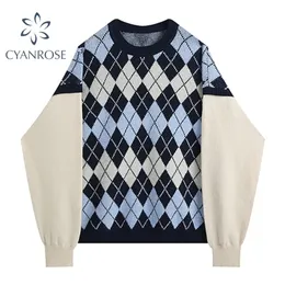 Argyle-Muster gespleißte Pullover Strickwaren und Pullover koreanische Vintage Langarm übergroße Frühling OL klassische gestrickte Tops 210515