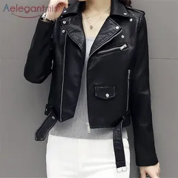 Aelegantmis Autumn Short Soft Faux Leather Jacket Women Fashion Zipper Motorcycle PU Ladies Basic Street Coat 211014