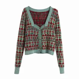 Autumn Retro Flowers Jacquard Knitted Square Neck Single Breasted Short Coat Sweater Women's 210521