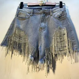 Chic Diamond Tassel Chians Design Kvinnor Shorts Sommarhål Hög midja Denim Korta Straight Pantalones Vaqueros Mujer 210611