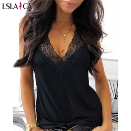 LSLAICA Feminina Camisa Bottoming Black V-Neck sem mangas Rendas Stitching Sexy elegante camisola feminina 210515