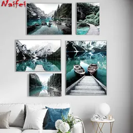 Scandinavian Nature Landscape painting Mountain Lake Boat Wall Art diamond embroidery Painting Modern Living Room Decor