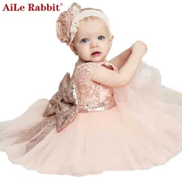 Aile Rabbit New Moda Cekiny Kwiat Dziewczyna Dress Party Urodziny Ślub Princess Toddler Baby Girls Ubrania Dzieci Dzieci Dress Q0716