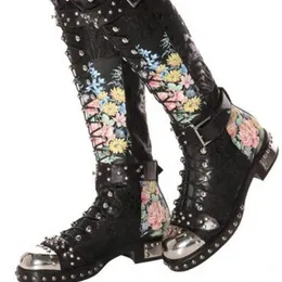 Boots Gliruis 2021 Casual Fashion Personalized Rivet Iron Head Bandage Printed High Tube Leather Thick Soled Women's Large