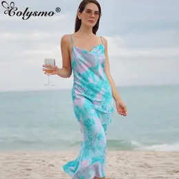 Colysmo Kravat Boya Yaz Elbise Backless Spagetti Sapanlar Kukuleta Boyun Bir Çizgi MIDI Kadın Seksi Robe Moda Plaj Parti Vestidos 210527