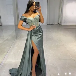 Off Shoulder Lace Mermaid Prom Evening Dresses High Side Split Appliqued Sweep Train Satin Saudiarabien Dubai Formella Party Gowns