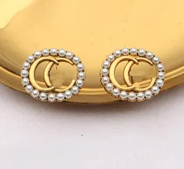 Boucles d'oreilles à tige en plaqué or 18 carats, design de marque vintage, double lettre, ellipse géométrique, luxe, célèbre femme, incrustation de perles, cadeau de fête de mariage, accessoires de bijoux