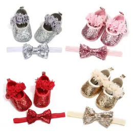 ファーストウォーカーEmmababy Bling Sparkle Sequics高品質PU生まれた赤ちゃん女の子フックループシューズと甘いかわいいヘッドバンド0-18M