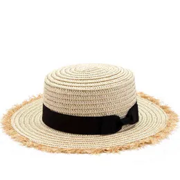 Ny Flat High Sun Hat Sommarfjäder Kvinnors Travel Caps Bandages Beach Child Traw Hat Andningsbara Tjejer Hat G220301