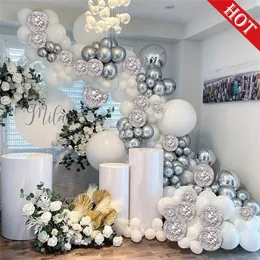 Beyaz Gümüş 4D Metalik Balon Kemeri Çelenk Kiti Düğün Bebek Duş 30th Doğum Günü Yıldönümü Bekarlığa veda Parti Dekorasyon 220217