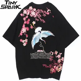 メンズヒップホップTシャツピンクの花のクレーンストリートウェアTシャツ原宿夏半袖Tシャツコットントップスティーブラック210324